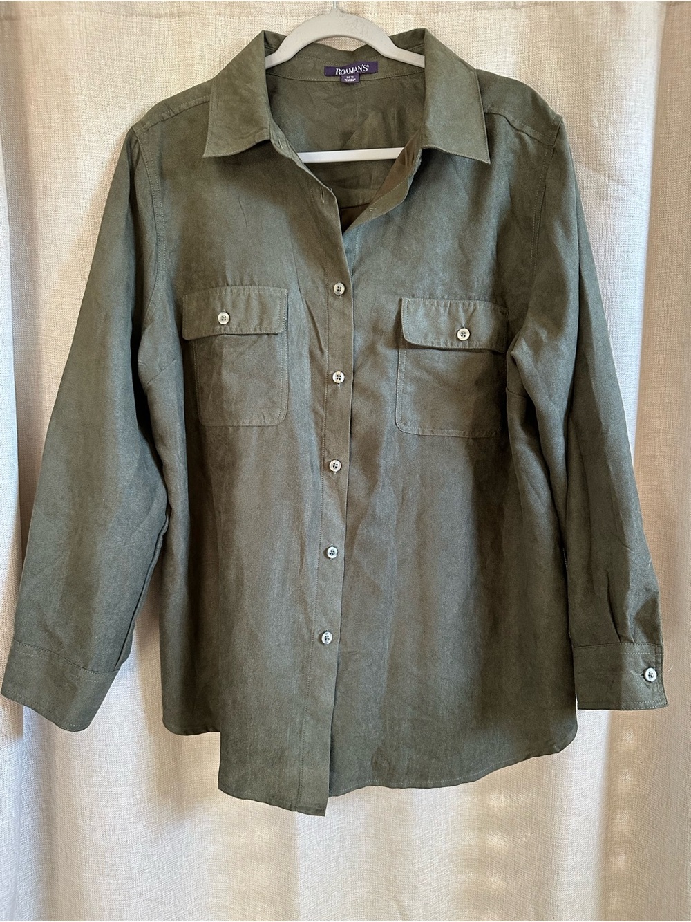 Roaman's Dark Olive Green Casual Faux Suede Button-Down Shirt